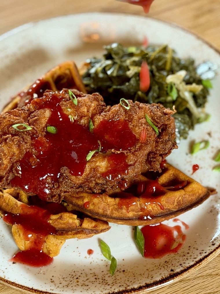 Panfried and glazed, over greens